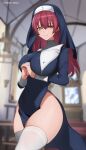  1girl bare_shoulders black_dress blush breasts cross dress habit heterochromia highres hololive houshou_marine large_breasts long_hair long_sleeves looking_at_viewer nun o22no pelvic_curtain red_eyes red_hair solo thighhighs traditional_nun virtual_youtuber yellow_eyes 