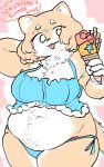  10:16 2023 4_fingers anthro belly belly_tuft big_breasts bikini bikini_bottom bikini_top blue_bikini blue_bikini_bottom blue_bikini_top blue_clothing blue_swimwear blush breasts canid canine canis chest_tuft claws clothed clothing curvy_figure dessert digital_media_(artwork) domestic_dog eyelashes female fingers food frilly frilly_clothing fur hair hi_res holding_food holding_object ice_cream ice_cream_cone kawaiishinitai looking_at_viewer mammal nikushiba-chan overweight pawpads pink_pawpads shiba_inu simple_background skimpy_bikini smile solo spitz swimwear tail tan_body tan_fur text thick_thighs tongue tongue_out tuft white_body white_fur wide_hips 