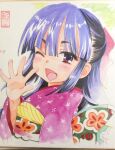  1girl blue_hair blush bow commentary_request floral_print hair_bow half_updo hand_up japanese_clothes kagami_kuro kimono kodomo_no_jikan long_hair obi one_eye_closed open_mouth painting_(medium) photo_(medium) purple_eyes purple_kimono sash shikishi smile solo traditional_media upper_body watashiya_kaworu watercolor_(medium) waving 