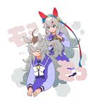  2girls :o ahoge animal_ears blue_eyes bow bowtie brushing_hair closed_eyes comb drooling ear_covers grey_hair hairband headband holding holding_comb horse_ears long_hair long_sleeves messy_hair mouth_drool multiple_girls oguri_cap_(umamusume) purple_shirt purple_skirt rongai_rongai sailor_collar school_uniform shirt skirt standing tamamo_cross_(umamusume) tracen_school_uniform umamusume zzz 