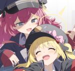  2girls :d ^_^ blonde_hair blue_archive closed_eyes gotyou grey_eyes halo hat ibuki_(blue_archive) iroha_(blue_archive) military_hat multiple_girls peaked_cap red_hair sleeves_past_wrists smile yellow_halo 