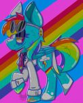  ambiguous_gender blue_body blue_fur clothing coat cutie_mark equid equine eyewear eyewear_on_head facial_scar feathered_wings feathers felitech feral friendship_is_magic fur goggles goggles_on_head hair hasbro hi_res lab_coat mammal multicolored_hair multicolored_tail my_little_pony necktie pegasus rainbow rainbow_dash_(mlp) rainbow_factory_(mlp_fanfic) rainbow_hair rainbow_tail scar side_view smile solo tail topwear wings 