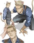  2boys albert_wesker animal_ears black_pants black_vest blonde_hair blue_shirt brown_eyes cat_boy cat_ears cat_tail chris_redfield closed_eyes closed_mouth collared_shirt male_focus multiple_boys open_mouth pants resident_evil resident_evil_1 shirt short_hair simple_background solo_focus tail tatsumi_(psmhbpiuczn) vest white_background yaoi 