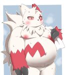  2022 anthro areola belly big_belly biped blush bodily_fluids claws digital_media_(artwork) generation_3_pokemon hi_res jimmyzangoo looking_at_viewer male navel nintendo nipples nude pokemon pokemon_(species) simple_background solo sweat sweatdrop thick_thighs towel wide_hips zangoose 