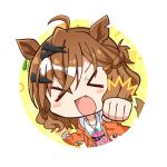  &gt;_&lt; 1girl ahoge animal_ears blush_stickers braid brown_hair chibi clenched_hands earrings facing_viewer fang french_braid hair_ornament hairclip horse_ears horse_girl horse_tail jacket jewelry jungle_pocket_(umamusume) long_sleeves multicolored_hair necklace notched_ear open_mouth orange_jacket reaching reaching_towards_viewer ring ring_necklace ryochapu shirt short_hair solo streaked_hair tail umamusume upper_body white_shirt 