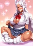  1girl absurdres animal_ears blue_skirt boku_no_hero_academia bow bowtie breasts cleavage dark-skinned_female dark_skin feet full_body grin haikawa_hemlen highres holding holding_clothes holding_skirt huge_breasts indian_style long_eyelashes long_hair looking_at_viewer loose_bowtie loose_socks mirko panties parted_bangs rabbit_ears rabbit_girl red_bow red_eyes school_uniform shirt shirt_tucked_in sitting skirt sleeves_rolled_up smile socks solo teeth thick_thighs thighs underwear white_hair white_panties white_shirt white_socks 