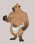  1boy absurdres bara belly capybara_boy chest_tuft food food_on_head fruit fruit_on_head full_body furry furry_male hand_up highres large_pectorals male_focus mandarin_orange muscular muscular_male navel navel_hair no_nipples object_on_head original pectorals plump sanpaku short_hair simple_background smile solo sparse_arm_hair standing thick_eyebrows thick_thighs thighs towel_around_waist twisthound whiskers 