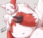  2023 anthro belly big_belly biped black_nose generation_3_pokemon hi_res kemono navel nintendo pokemon pokemon_(species) red_body solo toraya_inugami white_body zangoose 