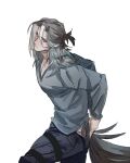  108cycle 1boy absurdres arknights arms_behind_back blush brown_hair collared_shirt from_side hair_between_eyes highres long_hair male_focus multicolored_hair pants pectoral_cleavage pectorals shirt solo streaked_hair tail totter_(arknights) upper_body white_hair 
