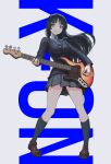  1girl akiyama_mio bass_guitar black_eyes black_hair black_socks blazer blue_ribbon blunt_bangs brown_footwear buttons collared_shirt copyright_name fender_jazz_bass grey_skirt highres hime_cut instrument jacket k-on! kneehighs left-handed loafers long_hair long_sleeves neck_ribbon pleated_skirt ribbon sakuragaoka_high_school_uniform school_uniform shirt shoes sidelocks skirt socks solo vertigris white_background white_shirt winter_uniform 