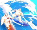  2023 anthro bear belly big_belly bulge clothing detailed_background duo hi_res humanoid_hands kemono male mammal moobs morino8484 nipples outside overweight overweight_male polar_bear surfboard surfing swimwear tattoo ursine 