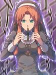  1girl antenna_hair belt_pouch brown_hair bubble_tea bubble_tea_challenge chiharu_(9654784) drinking drinking_straw drinking_straw_in_mouth eiyuu_densetsu green_eyes highres jewelry medallion necklace nun pouch ries_argent solo sora_no_kiseki sound_effects traditional_nun twintails 