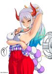  1girl :p ? absurdres arm_behind_head arm_under_breasts arm_up armpits blush breasts demon_horns electric_fan elpipe_3000 hakama hakama_skirt high_ponytail highres horns hot japanese_clothes large_breasts looking_at_viewer multicolored_hair one_piece red_hakama red_horns sideboob simple_background single_bare_shoulder skirt solo strap_slip streaked_hair sweat thought_bubble tongue tongue_out white_background white_hair yamato_(one_piece) yellow_eyes 