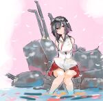  1girl bare_shoulders black_hair blush breasts closed_mouth detached_sleeves hair_ornament headgear highres kantai_collection machinery nontraditional_miko purple_hair red_eyes short_hair signature sitting soaking_feet solo sunday_aki turret water wide_sleeves yamashiro_(kancolle) 