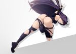 1girl ahoge armpit_crease ass boots fingerless_gloves from_behind full_body gloves hairband leotard long_hair looking_at_viewer looking_back pointy_ears purple_gloves purple_hair purple_leotard red_eyes red_hairband shadow smile solo sword_art_online teeth thigh_boots tomatons v very_long_hair yuuki_(sao) 