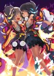  2girls armpits asymmetrical_bangs axe ayaha_(dragalia_lost) bare_shoulders bug butterfly dragalia_lost fang fire green_eyes hair_over_one_eye holding holding_axe japanese_clothes leg_up looking_at_viewer mask mask_on_head multiple_girls otoha_(dragalia_lost) short_hair skin_fang smile teeth yuu_(kfc) 