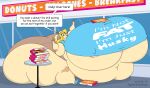  2019 anthro areola areola_slip belly big_belly big_breasts big_butt bird_dog blonde_hair bottomwear box breasts brown_eyes butt canid canine canis clothing container copyright_symbol deep_navel dessert digital_media_(artwork) domestic_dog doughnut doughnut_box eating english_text female food footwear furniture gesture golden_retriever hair hi_res huge_breasts huge_butt huge_thighs hunting_dog hyper hyper_belly hyper_breasts hyper_butt hyper_thighs mammal morbidly_obese morbidly_obese_anthro morbidly_obese_female navel nipple_outline obese obese_anthro obese_female overweight overweight_anthro overweight_female retriever satsumalord shirt shoes shorts sitting solo sophia_wester speech_bubble stuffing symbol table text thick_thighs topwear under_boob waving weight_gain 