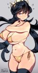  1girl bikini breasts filia_(skullgirls) highres large_breasts looking_at_viewer navel red_eyes ryuji_(red-truth) skullgirls solo stomach sweatdrop swimsuit 