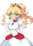  1girl absurdres blonde_hair blue_eyes breasts crown dress earrings elbow_gloves fire_peach fireball gloves highres jewelry long_hair mario_(series) medium_breasts ponytail princess_peach red_hair short_sleeves simple_background smile solo white_background white_gloves winterregalia 