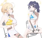  2girls absurdres ahoge animal_ears bare_shoulders barefoot black_hair blonde_hair blue_archive blunt_bangs blush braid breasts cheerleader cleavage closed_mouth cok_ia crop_top dog_ears dog_girl gloves hair_ornament halo hibiki_(blue_archive) hibiki_(cheer_squad)_(blue_archive) highres kotori_(blue_archive) kotori_(cheer_squad)_(blue_archive) looking_at_viewer midriff millennium_cheerleader_outfit_(blue_archive) mouth_hold muffin_top multiple_girls navel official_alternate_costume parted_lips purple_eyes short_hair simple_background sitting skirt sticker_on_arm text_print thighs white_background white_skirt yellow_halo 
