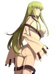  1girl alternate_breast_size ass bodysuit breasts c.c. closed_mouth code_geass commentary_request from_behind green_hair highres jumpsuit large_breasts long_hair looking_at_viewer looking_back sidelocks simple_background solo straight_hair very_long_hair white_background white_bodysuit white_jumpsuit wide_sleeves yellow_eyes yukotaruma 