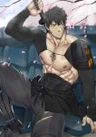  1boy absurdres bara black_footwear black_hair black_pants boots cherry_blossoms doudanuki_masakuni falling_petals foot_out_of_frame forked_eyebrows highres light_frown looking_to_the_side muscular muscular_male nipples pants petals short_hair solo suyohara sword sword_behind_back touken_ranbu weapon yellow_eyes 
