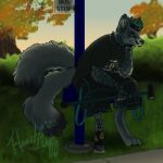  anthro benji_hextail_(heart-buzz) bus_stop_sign cane canid canine cheek_piercing clothing collar disability ear_piercing evening eyebrow_piercing facial_hair facial_piercing fishnet fishnet_gloves fishnet_handwear fox gauged_ear gloves goatee grass hair handwear heart-buzz hi_res kit_fox male mammal nose_piercing nose_ring piercing plant prick_ears prosthetic prosthetic_leg prosthetic_limb ring_piercing septum_piercing septum_ring shrub sitting sky solo spiked_collar spikes spiky_hair straps tree tripp_pants waiting whiskers 