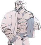  1boy abs animal_ears arknights bara bare_pectorals black_male_underwear blue_eyes facial_hair feet_out_of_frame furry furry_male goatee high_ponytail highres kimagureuso large_hands large_pectorals looking_at_viewer male_focus male_underwear male_underwear_peek mountain_(arknights) mountain_(book_reader)_(arknights) muscular muscular_male nipples official_alternate_costume open_clothes open_fly open_shirt pants pectorals scar scar_across_eye scar_on_arm short_hair solo sparse_navel_hair stomach tail thick_eyebrows tiger_boy tiger_ears tiger_tail turning_head underwear undressing white_hair white_pants 