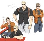  2boys black_shirt black_tank_top blonde_hair blue_pants blush brown_hair car closed_eyes crossed_arms curtained_hair driving ground_vehicle gun holding holding_gun holding_weapon holster jack_krauser jewelry large_pectorals leon_s._kennedy male_focus motor_vehicle multiple_boys muscular muscular_male necklace open_clothes open_shirt orange_shirt pants pectorals resident_evil resident_evil_4 resident_evil_4_(remake) shirt short_hair shoulder_holster sunglasses tank_top tatsumi_(psmhbpiuczn) translation_request watch weapon white_pants wristwatch 