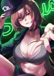  1girl alternate_costume animal_ears baseball_cap black_choker black_headwear black_jacket black_shorts boc&#039;z_(umamusume) breasts brown_hair choker cleavage commentary_request cropped_jacket grey_tank_top hair_between_eyes hat highres horse_ears horse_girl jacket kitsune_yuki large_breasts long_hair looking_at_viewer neon_lights outstretched_hand red_eyes shorts sirius_symboli_(umamusume) solo tank_top umamusume very_long_hair 