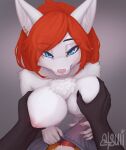  anthro atsuii blue_eyes breasts canid canine claws clothed clothing duo erection erection_under_clothing female finger_claws first_person_view fur genitals hair hi_res looking_at_viewer male male/female mammal nipples penis red_hair white_body white_fur 