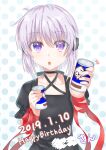  1girl 2019 :o absurdres arm_ribbon black_dress blush can commentary_request company_name criss-cross_halter dated dress eyes_visible_through_hair grey_hair hair_between_eyes halterneck happy_birthday highres holding holding_can kagari_(rewrite) long_ribbon looking_at_viewer notice_lines puffy_short_sleeves puffy_sleeves purple_eyes red_ribbon rewrite ribbon short_hair short_sleeves solo straight-on upper_body zuzuhashi 