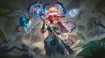  1girl absurdres animal animal_ears artist_request bird blue_eyes breasts centaur centauroid deer_ears deer_tail hair_between_eyes highres holding holding_staff league_of_legends lillia_(league_of_legends) long_hair magic mountain multicolored_hair official_alternate_costume second-party_source shan_hai_scrolls_lillia small_breasts solo staff tail taur water waves 