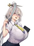  1girl black_skirt blush bralines breasts collared_shirt fate/grand_order fate_(series) green_hair grey_eyes grey_hair hair_between_eyes hair_ornament hairpin highres huyan_zhuo_(fate) large_breasts looking_at_viewer medium_hair multicolored_hair necktie open_mouth sekai_saisoku_no_panda shirt short_sleeves skirt smile solo streaked_hair stylus tablet_pc white_shirt 