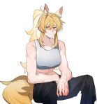  1girl absurdres alternate_costume animal_ears arknights bare_arms bare_shoulders black_pants blonde_hair breasts commentary_request crop_top feet_out_of_frame highres large_breasts large_tail long_hair midriff molu_stranger nearl_(arknights) pants ponytail sidelocks simple_background sitting solo sports_bra stomach tail very_long_hair white_background yellow_eyes 