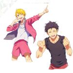  2boys ahoge black_shirt clenched_hands closed_eyes holding holding_whistle idolmaster idolmaster_side-m index_finger_raised jacket kimura_ryu lower_teeth_only maita_rui male_focus map_(map_imas) multiple_boys open_clothes open_jacket open_mouth pink_jacket pink_shorts shirt shorts sleeveless sleeveless_shirt teeth whistle 