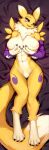  anthro bandai_namco big_breasts biped black_sclera blue_eyes breasts canid canine claws countershade_fur countershade_torso countershading dakimakura_design digimon digimon_(species) dipstick_tail female fingers fur krokobyaka looking_at_viewer mammal markings renamon smile smiling_at_viewer solo tail tail_markings yellow_body yellow_fur 