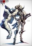  armor artist_name blue_eyes character_request coat collar copyright_request crossed_out curled_horns full_body fur-trimmed_coat fur_trim hand_on_own_hip horns k-suwabe mask metal_collar no_humans open_clothes open_coat robot simple_background standing white_background 