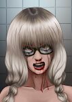 1girl absurdres blonde_hair blood blood_on_face braid collarbone crying crying_with_eyes_open emergence_(shindol) glasses hair_over_shoulder highres lipstick long_hair looking_at_viewer makeup mike_soys open_mouth orange_eyes parted_bangs solo solo_focus tears teeth twin_braids twintails upper_body yoshida_saki 