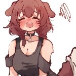  1girl animal_ears arm_support black_choker black_shirt blush blush_stickers braid breasts brown_eyes brown_hair choker cleavage closed_eyes clothing_cutout dog_ears dog_girl dog_tail dragon_(phantom_brave) extra_ears fangs hair_between_eyes highres hololive inugami_korone inugami_korone_(4th_costume) jewelry large_breasts long_hair low_twin_braids low_twintails o-ring o-ring_choker official_alternate_costume pendant shirt shoulder_cutout solo t-shirt tail twin_braids twintails virtual_youtuber whcamellia00 wiping_sweat yubi_yubi_(inugami_korone) 