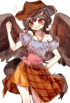  1girl :d bandana black_hair black_wings brown_headwear commentary_request cowboy_hat dress hat highres horse_tail kurokoma_saki multicolored_clothes multicolored_dress off-shoulder_dress off_shoulder open_mouth pegasus_wings red_eyes short_hair simple_background smile springarashi02 tail touhou white_background wings 
