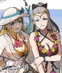  2girls bikini blonde_hair blue_eyes breasts cm_lynarc eir_(fire_emblem) eir_(summer)_(fire_emblem) fire_emblem hat highres large_breasts looking_at_viewer mother_and_daughter multiple_girls official_alternate_costume sun_hat swimsuit white_hair ymir_(fire_emblem_heroes) ymir_(summer)_(fire_emblem_heroes) 