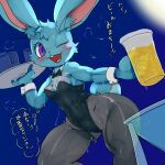  alcohol anthro athletic athletic_female beer beverage bodily_fluids cottontail female hi_res kurasuto_(cottontail) lagomorph leporid mammal nipple_slip one_eye_closed rabbit solo sweat thick_thighs wink 