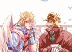  2boys angel battle_tendency beard bird blonde_hair blue_jacket bomber_hat caesar_anthonio_zeppeli diamond_wa_kudakenai facial_hair facial_mark feather_hair_ornament feathers fingerless_gloves glasses gloves grey_hair hair_ornament hair_over_eyes hand_on_own_cheek hand_on_own_face head_rest headband jacket jojo_no_kimyou_na_bouken joseph_joestar joseph_joestar_(old) laughing long_coat male_focus multiple_boys necktie old old_man pink_scarf railing scarf white_gloves wings zhoujo51 