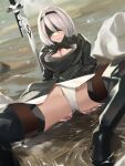  1girl 2b_(nier:automata) black_hairband blindfold breasts cleavage cleavage_cutout clothing_cutout hairband highres kabocha_(monkey4) katana large_breasts leotard long_sleeves mole mole_under_mouth nier:automata nier_(series) short_hair solo spread_legs sword thighhighs thighs water weapon white_leotard 