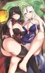  2girls beidou_(genshin_impact) black_gloves black_hair black_thighhighs blush breasts brown_eyes chinese_clothes cleavage elbow_gloves eyepatch feet fingerless_gloves genshin_impact gloves highres legs long_hair looking_at_viewer multiple_girls ningguang_(genshin_impact) paid_reward_available panties panty_pull red_eyes take_your_pick thighhighs toes underwear white_hair white_panties zuikillme 