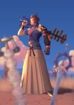  1boy absurdres armor blue_background blue_eyes blue_shirt blurry blurry_foreground brown_hair chest_strap clenched_hand fingerless_gloves full_body gloves grey_skirt hair_slicked_back highres holding holding_weapon keyblade kingdom_hearts kingdom_hearts_birth_by_sleep long_skirt male_focus medium_hair over_shoulder parted_bangs planted shirt short_sleeves shoulder_armor skirt solo standing terra_(kingdom_hearts) turtleneck weapon weapon_over_shoulder wristband yayokichi3 