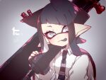  1girl :p black_hair black_nails black_necktie diagonal_bangs dynamo_roller_(splatoon) full_body gradient_background grey_background grey_eyes holding holding_weapon inkling inkling_girl inuowour long_hair necktie pointy_ears solo splatoon_(series) splatoon_2 tongue tongue_out weapon 