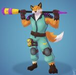  2023 anthro blue_background bottomwear canid canine clothing digital_media_(artwork) donttouchmylasagna epic_games fennix_(fortnite) fortnite fox fur gradient_background hi_res holding_object holding_weapon looking_at_viewer male mammal plantigrade simple_background smile solo topwear weapon 