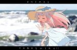  1girl bare_arms bare_shoulders beach blue_ribbon blurry blurry_background blush closed_eyes colored_inner_hair cowboy_shot day dress floating_hair from_side grey_hair hat highres holding holding_clothes holding_footwear horizon leaning_forward letterboxed long_hair multicolored_hair onii-chan_wa_oshimai! open_mouth orange_hair outdoors oyama_mahiro photo_background ribbon rock romaji_text sleeveless sleeveless_dress solo straw_hat sundress tebarkgk turning_head two-tone_hair v water white_dress wind 